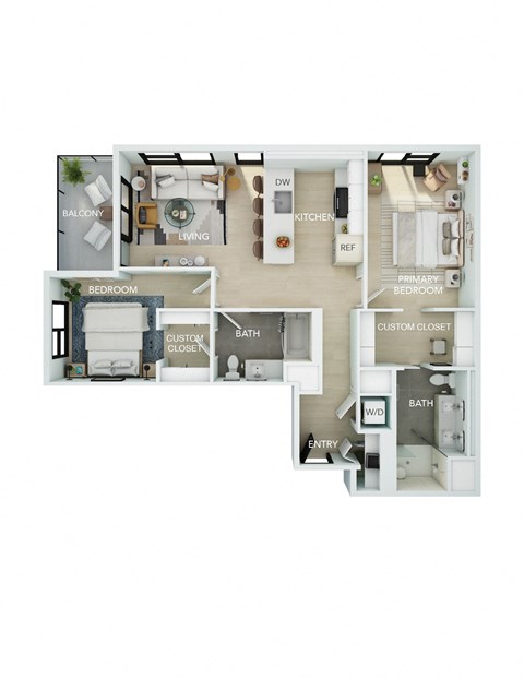 Floor plan for 2 beds, 2 baths, 1157 sqft