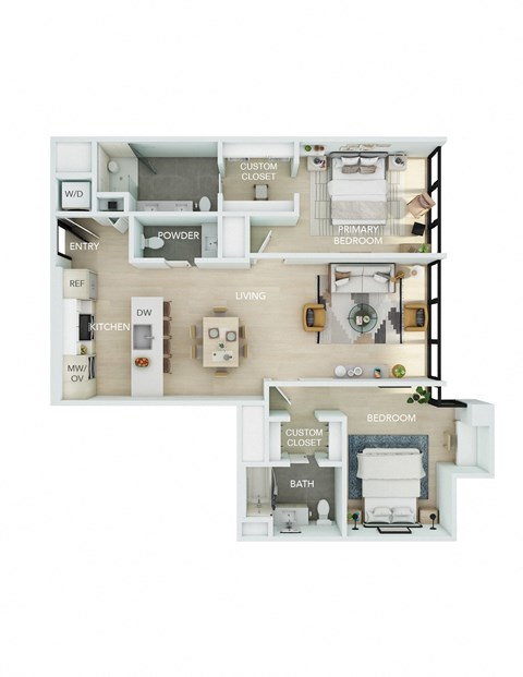 Floor plan for 2 beds, 2.5 baths, 1385 sqft