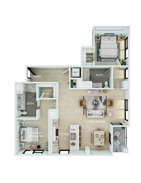 Floor plan for 2 beds, 2 baths, 1369 sqft