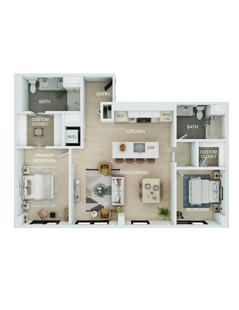 Floor plan for 2 beds, 2 baths, 1217 sqft