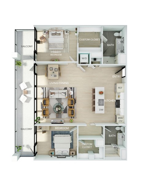 Floor plan for 2 beds, 2 baths, 1333 sqft