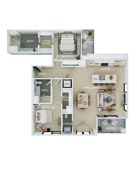 Floor plan for 2 beds, 2.5 baths, 1707 sqft