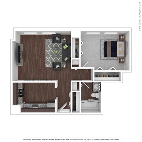 Floor plan for 1 bed, 1 bath, 607 sqft