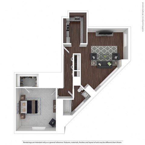 Floor plan for 1 bed, 1 bath, 730 sqft