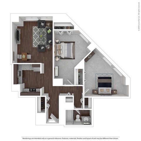 Floor plan for 2 beds, 1 bath, 843 sqft