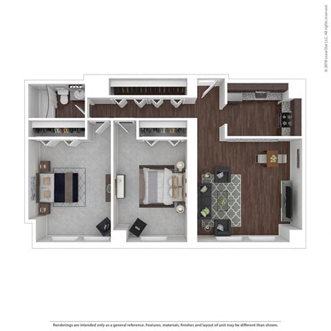 Floor plan for 2 beds, 1 bath, 921 sqft