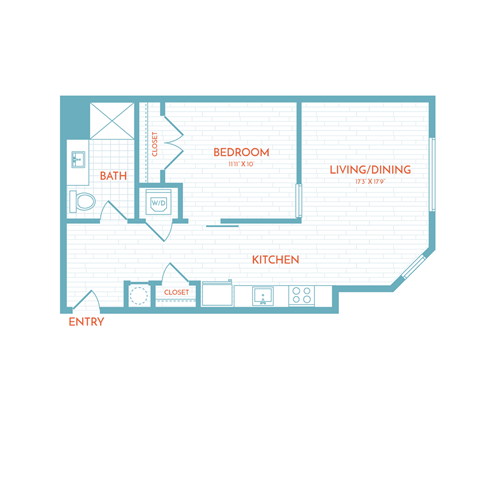Floor plan for 1 bed, 1 bath, 662 sqft
