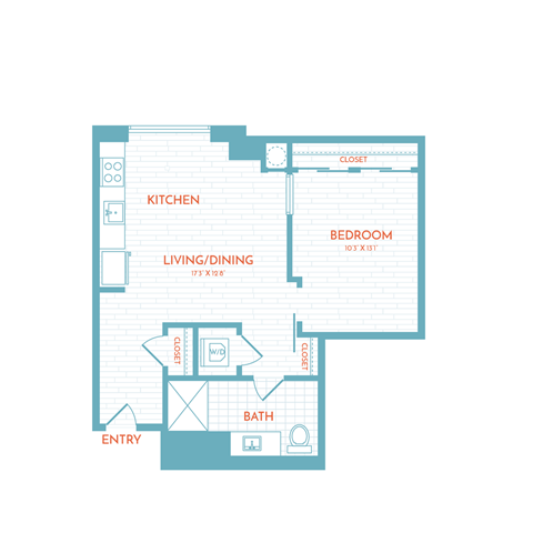 Floor plan for 1 bed, 1 bath, 579 sqft