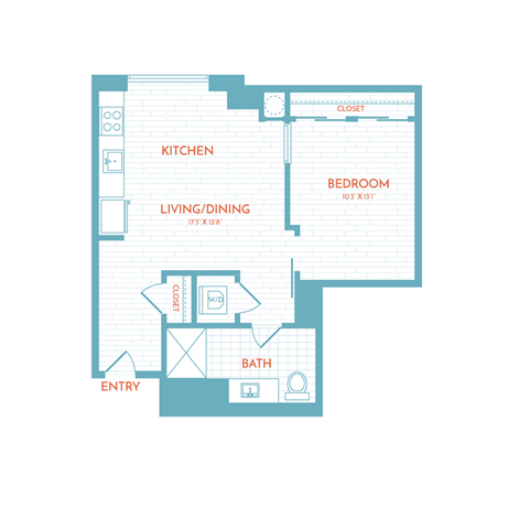 Floor plan for 1 bed, 1 bath, 585 sqft