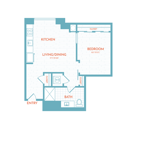 Floor plan for 1 bed, 1 bath, 596 sqft