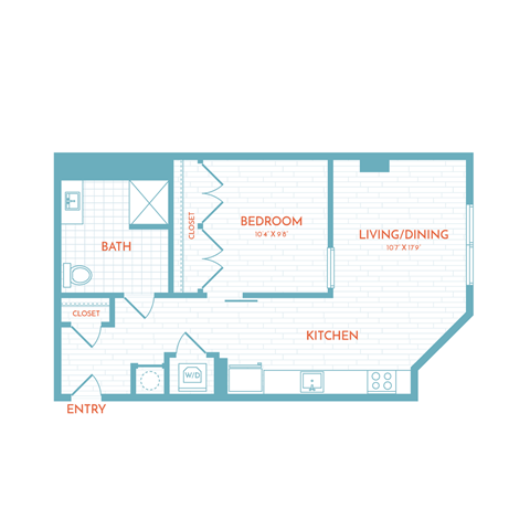 Floor plan for 1 bed, 1 bath, 628 sqft