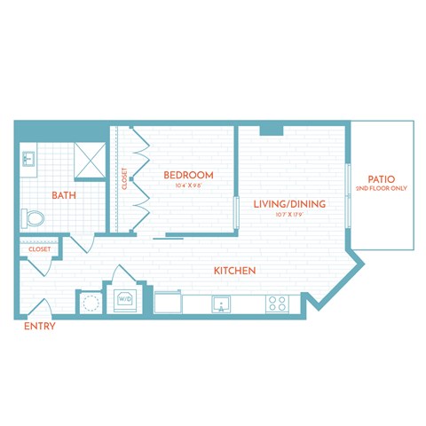 Floor plan for 1 bed, 1 bath, 670 sqft