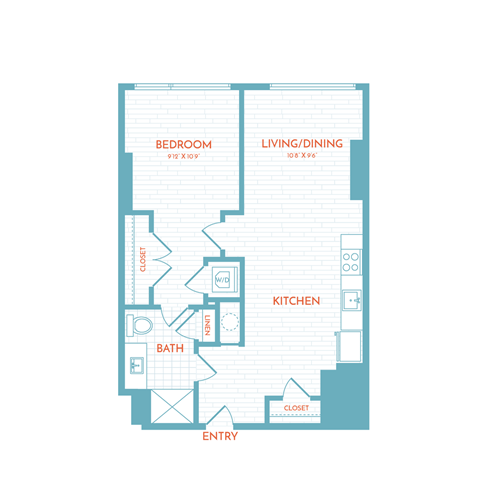 Floor plan for 1 bed, 1 bath, 628 sqft