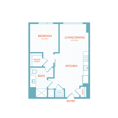 Floor plan for 1 bed, 1 bath, 585 sqft