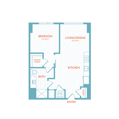 Floor plan for 1 bed, 1 bath, 627 sqft