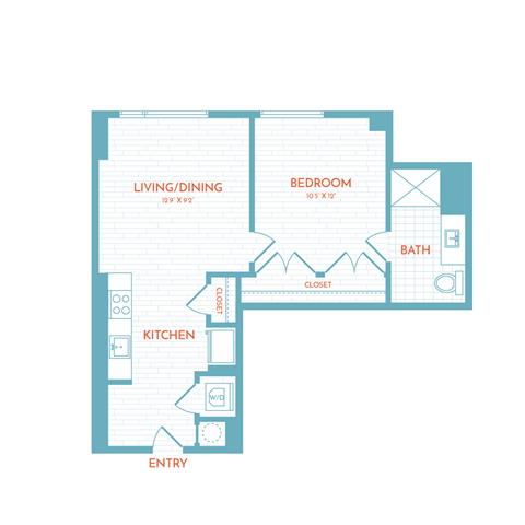 Floor plan for 1 bed, 1 bath, 609 sqft
