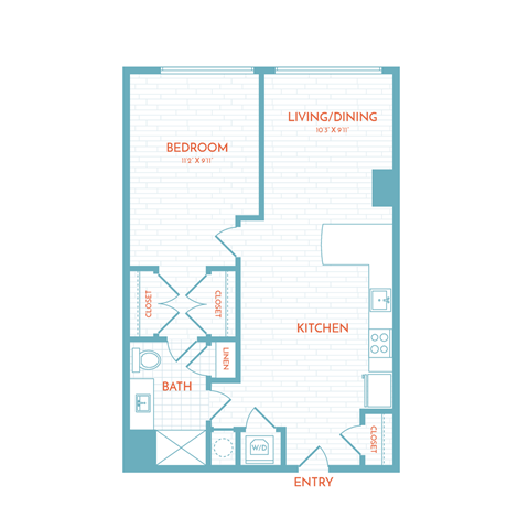 Floor plan for 1 bed, 1 bath, 690 sqft