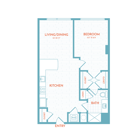 Floor plan for 1 bed, 1 bath, 686 sqft