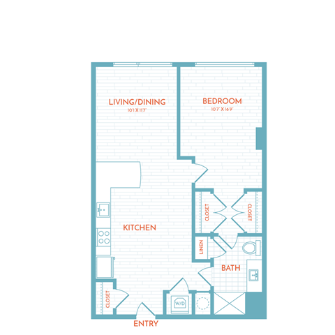 Floor plan for 1 bed, 1 bath, 697 sqft