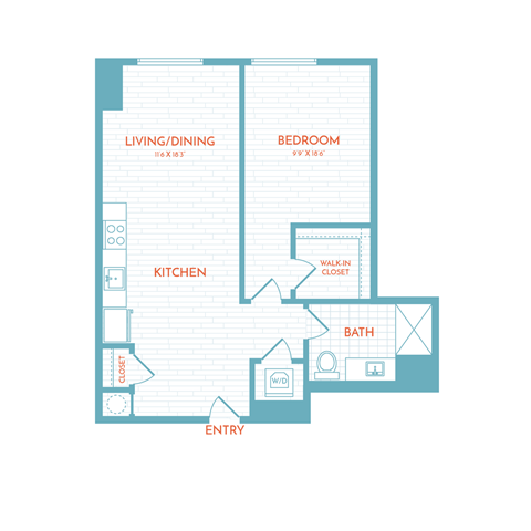 Floor plan for 1 bed, 1 bath, 694 sqft