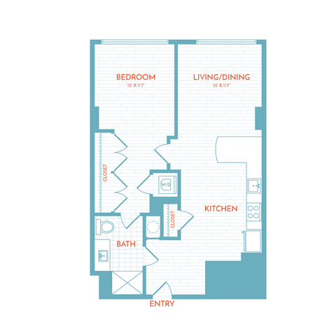 Floor plan for 1 bed, 1 bath, 657 sqft