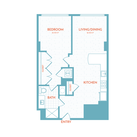 Floor plan for 1 bed, 1 bath, 612 sqft