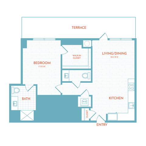 Floor plan for 1 bed, 1.5 baths, 733 sqft