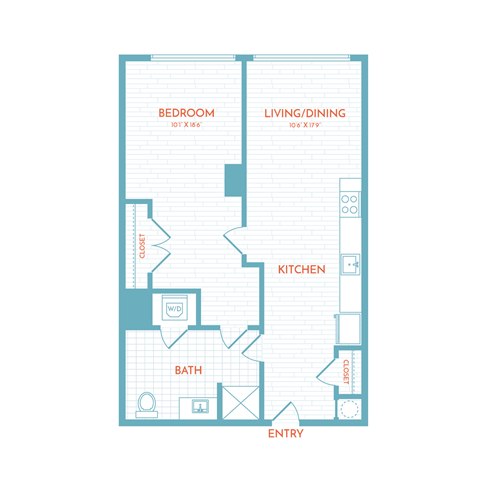 Floor plan for 1 bed, 1 bath, 698 sqft