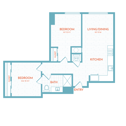 Floor plan for 1 bed, 1 bath, 742 sqft