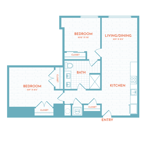 Floor plan for 2 beds, 2 baths, 866 sqft