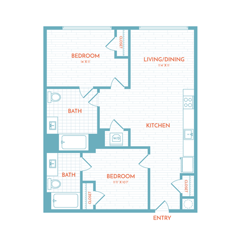 Floor plan for 2 beds, 2 baths, 858 sqft
