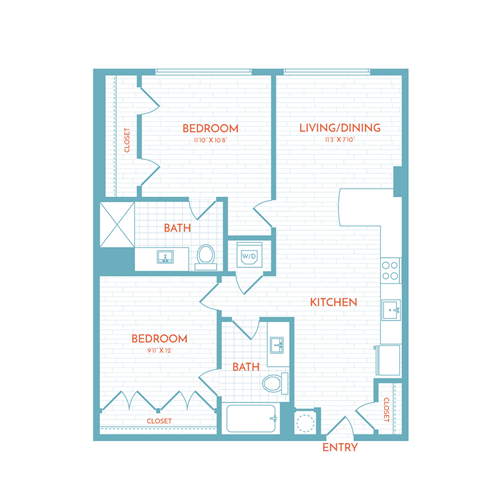 Floor plan for 2 beds, 2 baths, 858 sqft