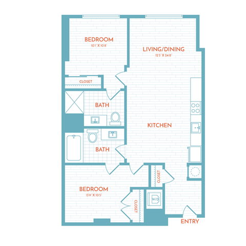Floor plan for 2 beds, 2 baths, 889 sqft