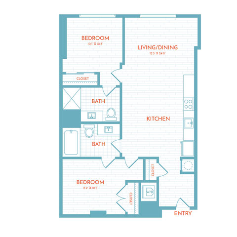 Floor plan for 2 beds, 2 baths, 951 sqft