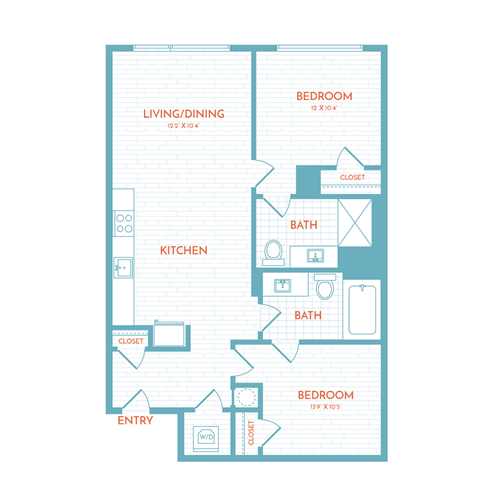 Floor plan for 2 beds, 2 baths, 883 sqft