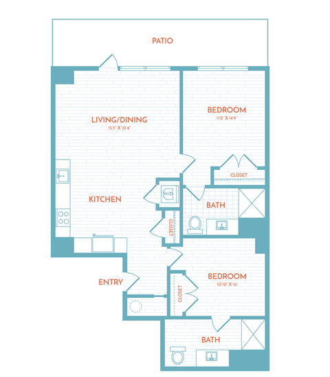 Floor plan for 2 beds, 2 baths, 912 sqft