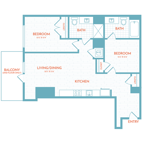 Floor plan for 2 beds, 2 baths, 882 sqft