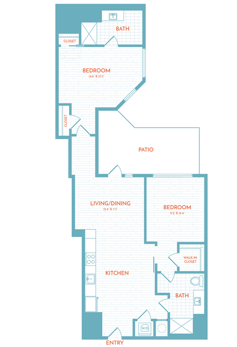 Floor plan for 2 beds, 2 baths, 897 sqft
