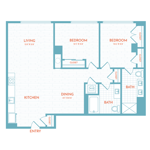 Floor plan for 2 beds, 2 baths, 1098 sqft