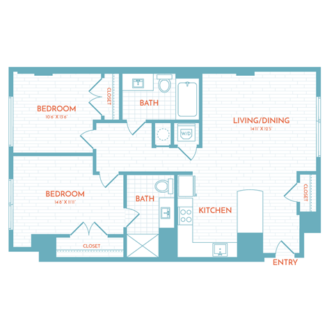 Floor plan for 2 beds, 2 baths, 1059 sqft