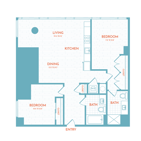 Floor plan for 2 beds, 2 baths, 1038 sqft