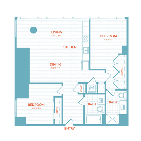 Floor plan for 2 beds, 2 baths, 1038 sqft