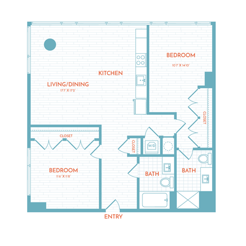 Floor plan for 2 beds, 2 baths, 1041 sqft