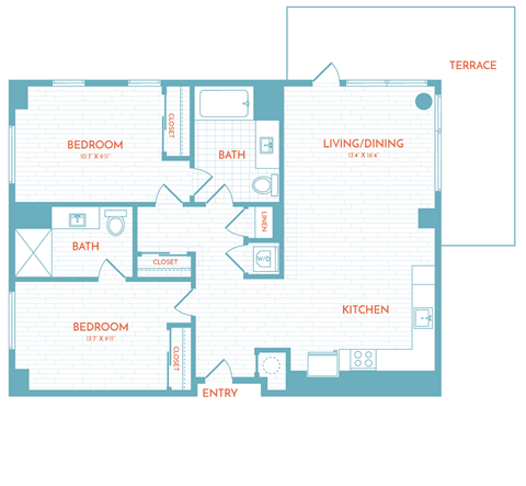 Floor plan for 2 beds, 2 baths, 1058 sqft