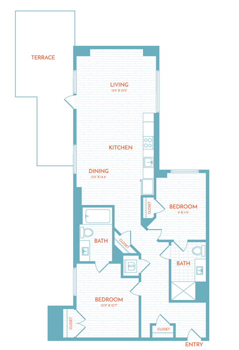 Floor plan for 2 beds, 2 baths, 1070 sqft