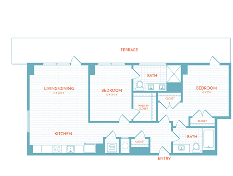 Floor plan for 2 beds, 2 baths, 1033 sqft