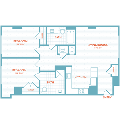 Floor plan for 2 beds, 2 baths, 1060 sqft