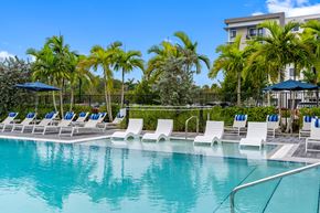 Miramar apartment for rent - A pool surrounded by palm trees and lounge chairs.