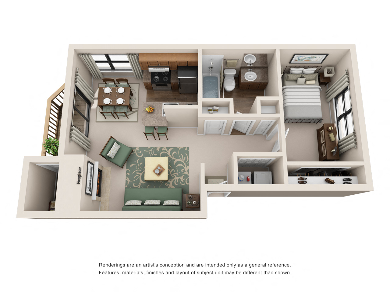 Floor plan for 1 bed, 1 bath, 679 sqft