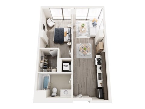Floor plan for 1 bed, 1 bath, 679 sqft